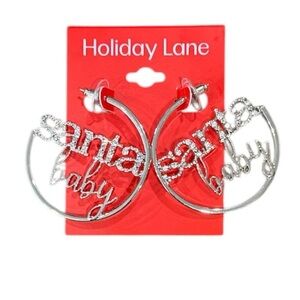 Holiday Lane Hoop Earrings Santa Baby Silver Tone Faux Rhinestone Christmas NWT